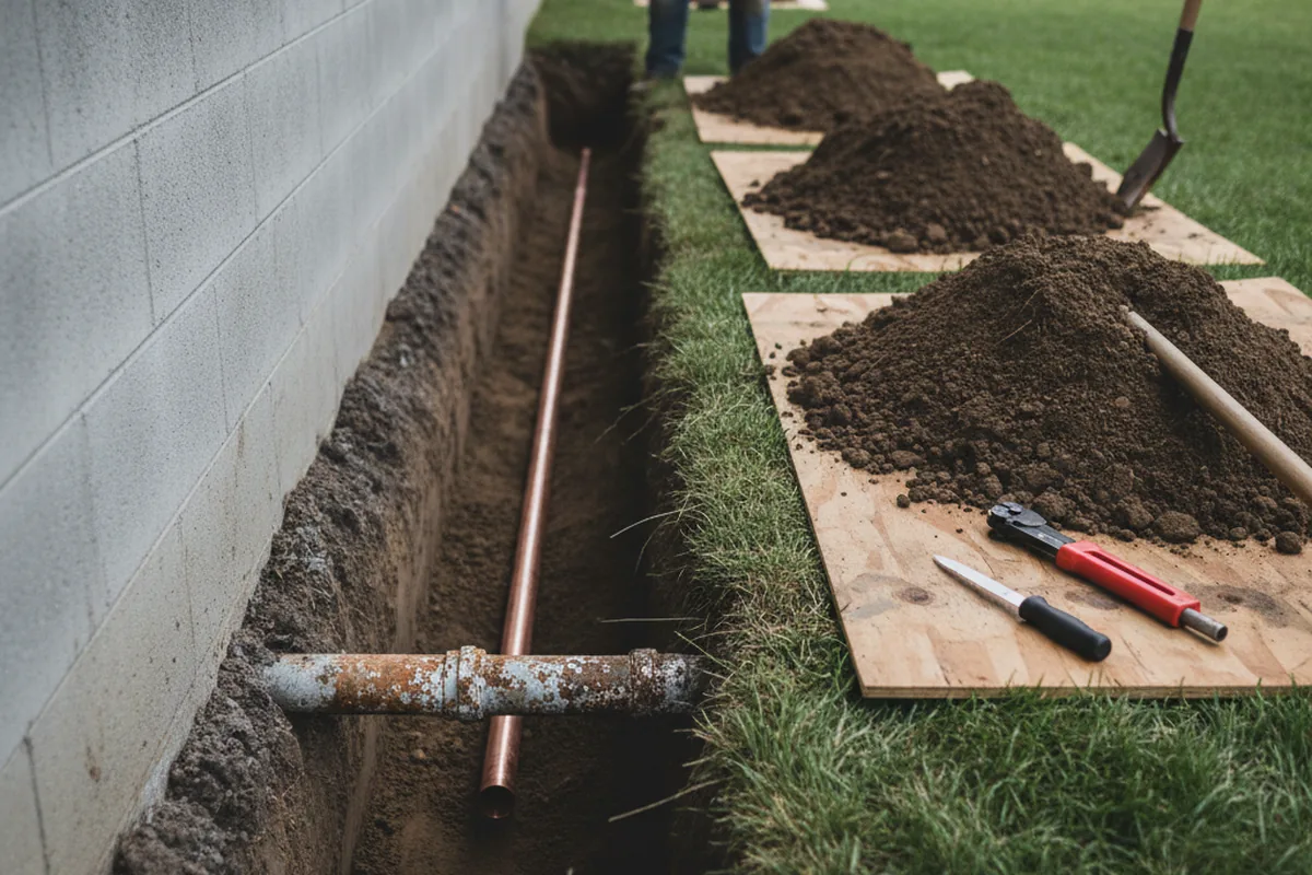 Excavated water line trench during Water Heater Repair in Delaware